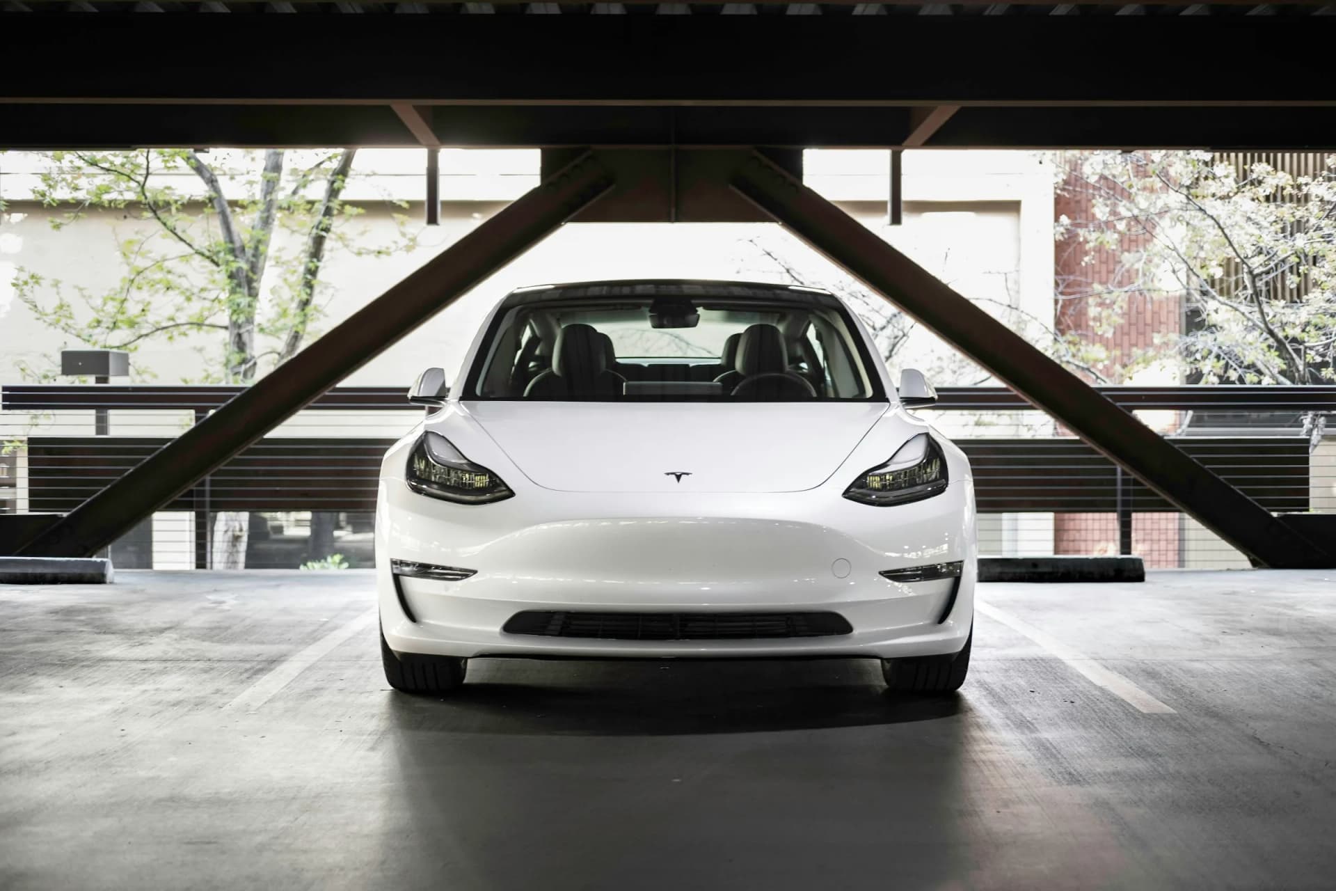 White Tesla Model 3, front view